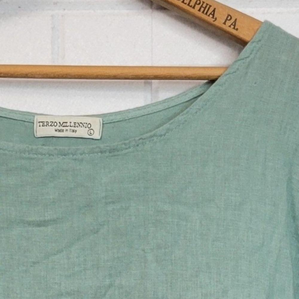 Terzo Millennio Tunic Top L Green Linen Roll Tab Minimalist Lagenlook Italy - Picture 5 of 8